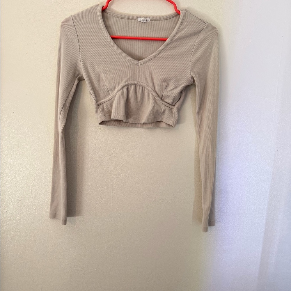 GARAGE Beige Long Sleeve V-Neck Top
